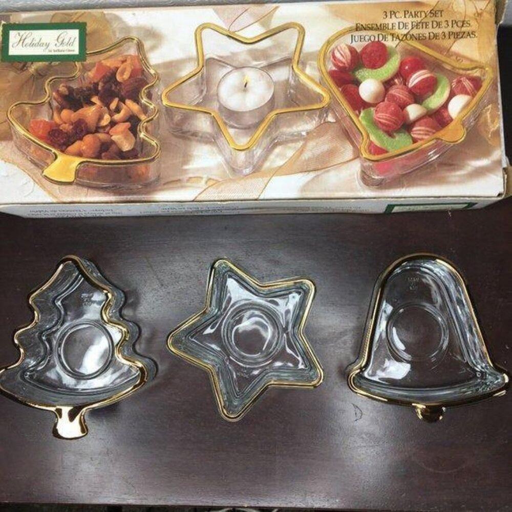 Indiana Glass 3 Piece Holiday Gold Party Set Vintage In Box Bell Tree Star
